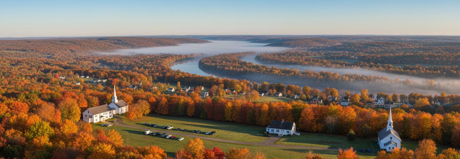 A river valley in October seen from a hillside, the river bending through morning mist past red and orange trees, two white steeples and small houses.